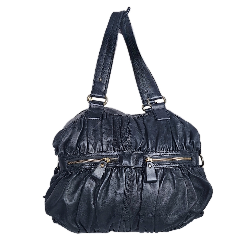 Paola Masi Black Leather Hobo Shoulder Bag Full Zipper Closure Kisslock Pocket